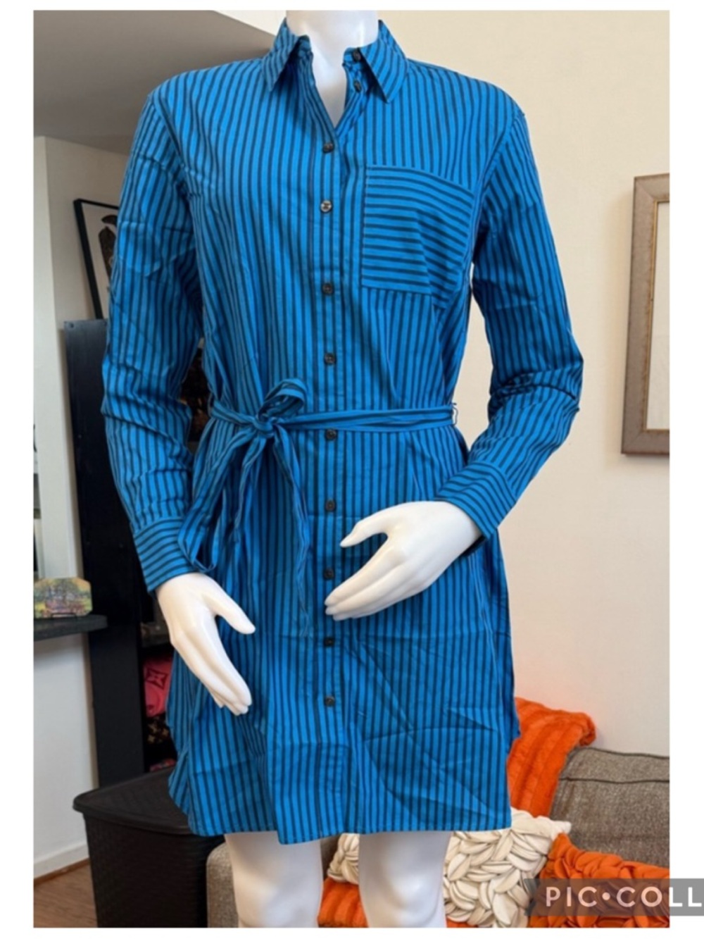 ❣️🆕DRAPER JAMES Carly Blue Aster Canopy Stripe Tie Belt Shirt Dress❣️